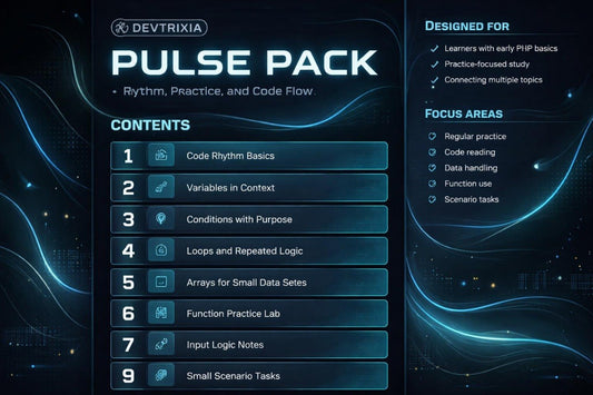 Devtrixia Pulse Pack product description with list of contents and focus areas on a dark background.