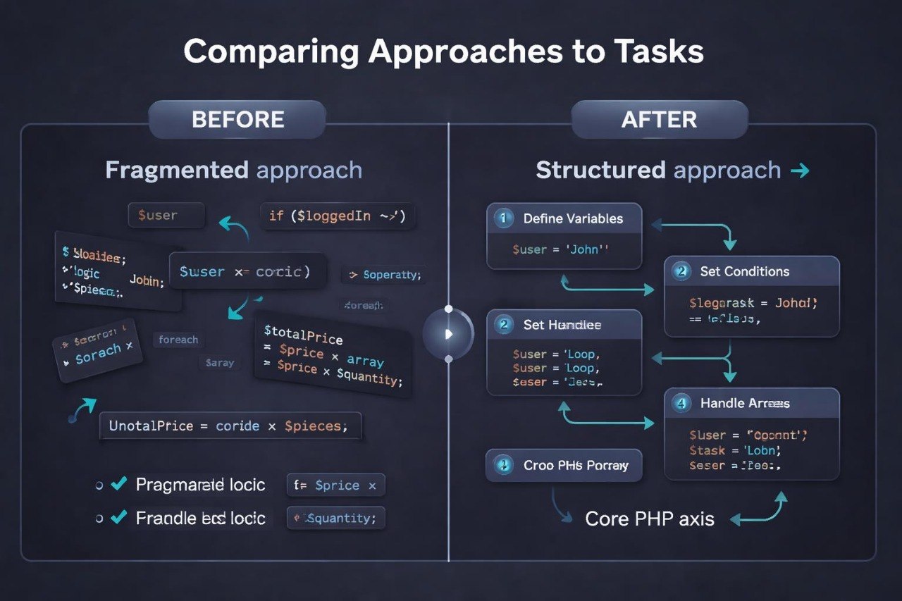 Comparison of fragmented and structured approaches to tasks with visual elements on a dark background.