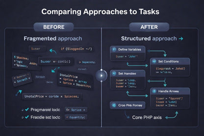 Comparison of fragmented and structured approaches to tasks with visual elements on a dark background.
