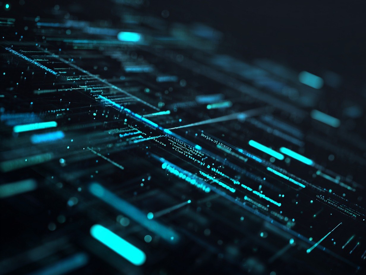 Abstract digital data stream with glowing blue lines on a dark background