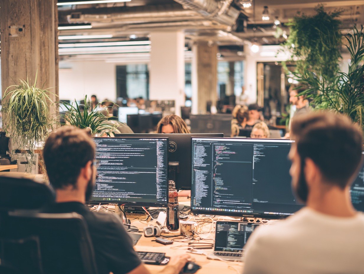 Two people working at computers in a modern office setting with plants and other people in the background.