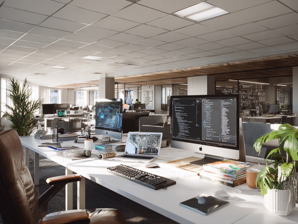 Modern office with desks, computers, and office supplies.