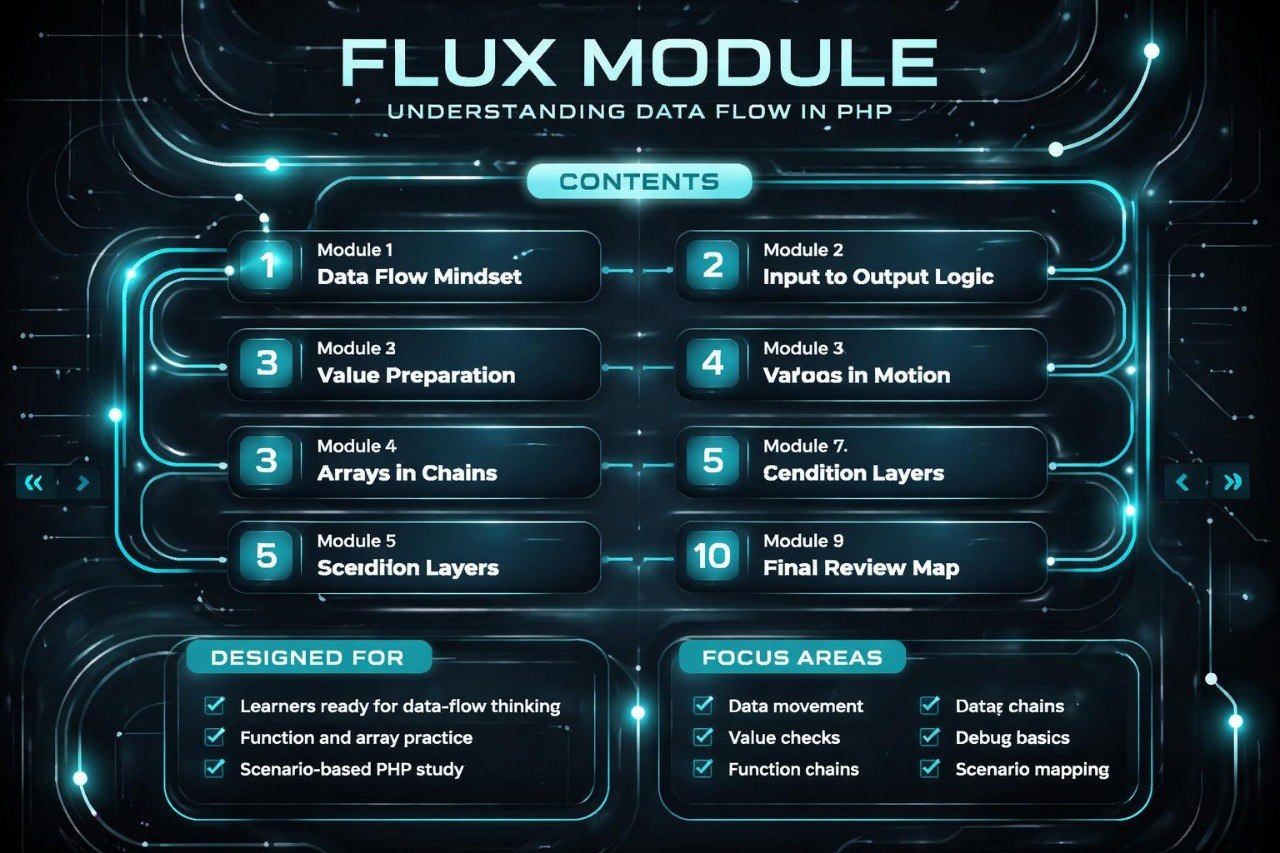 Flux Module structure for understanding data flow in PHP with modules and focus areas.