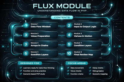 Flux Module structure for understanding data flow in PHP with modules and focus areas.