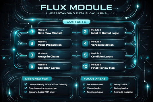 Flux Module structure for understanding data flow in PHP with modules and focus areas.