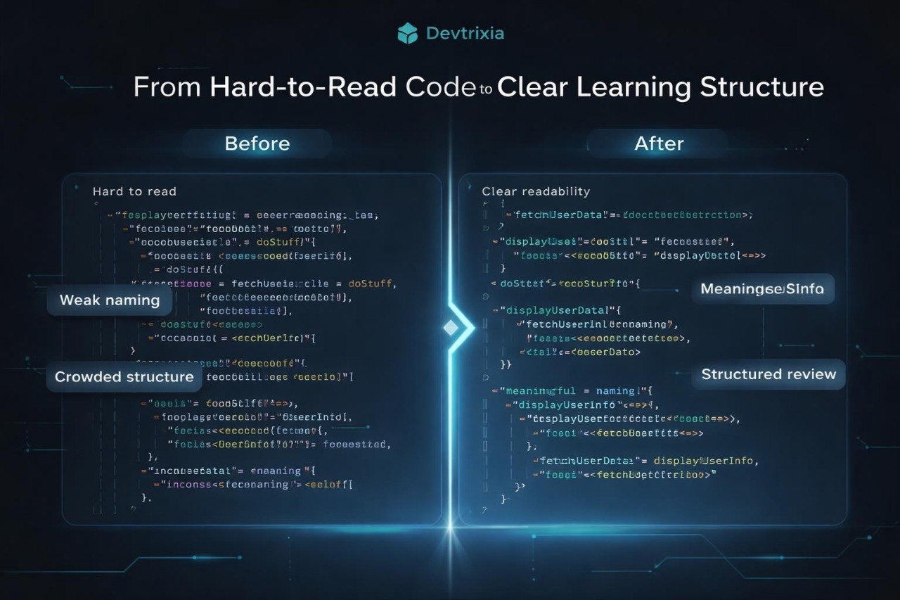 Comparison of hard-to-read code to clear learning structure with Devtrixia logo.