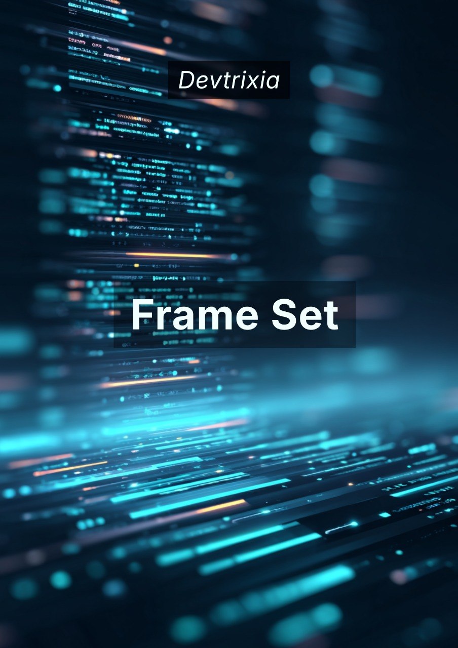 Futuristic digital frame set with glowing lines and Devtrixia branding.