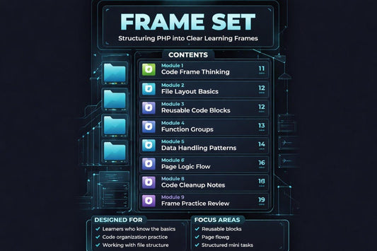 Course structure for structuring PHP into clear learning frames with module titles and page numbers.