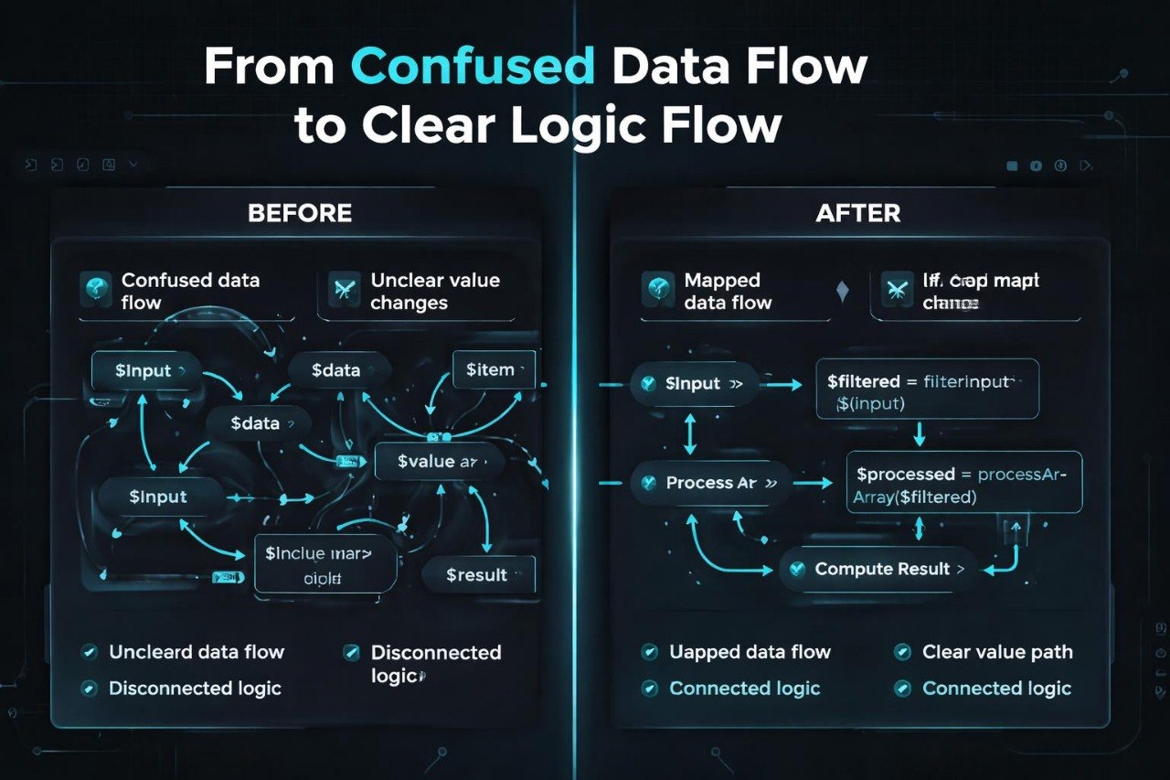 Comparison of confused data flow before and clear logic flow after on a dark background