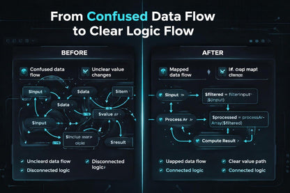 Comparison of confused data flow before and clear logic flow after on a dark background