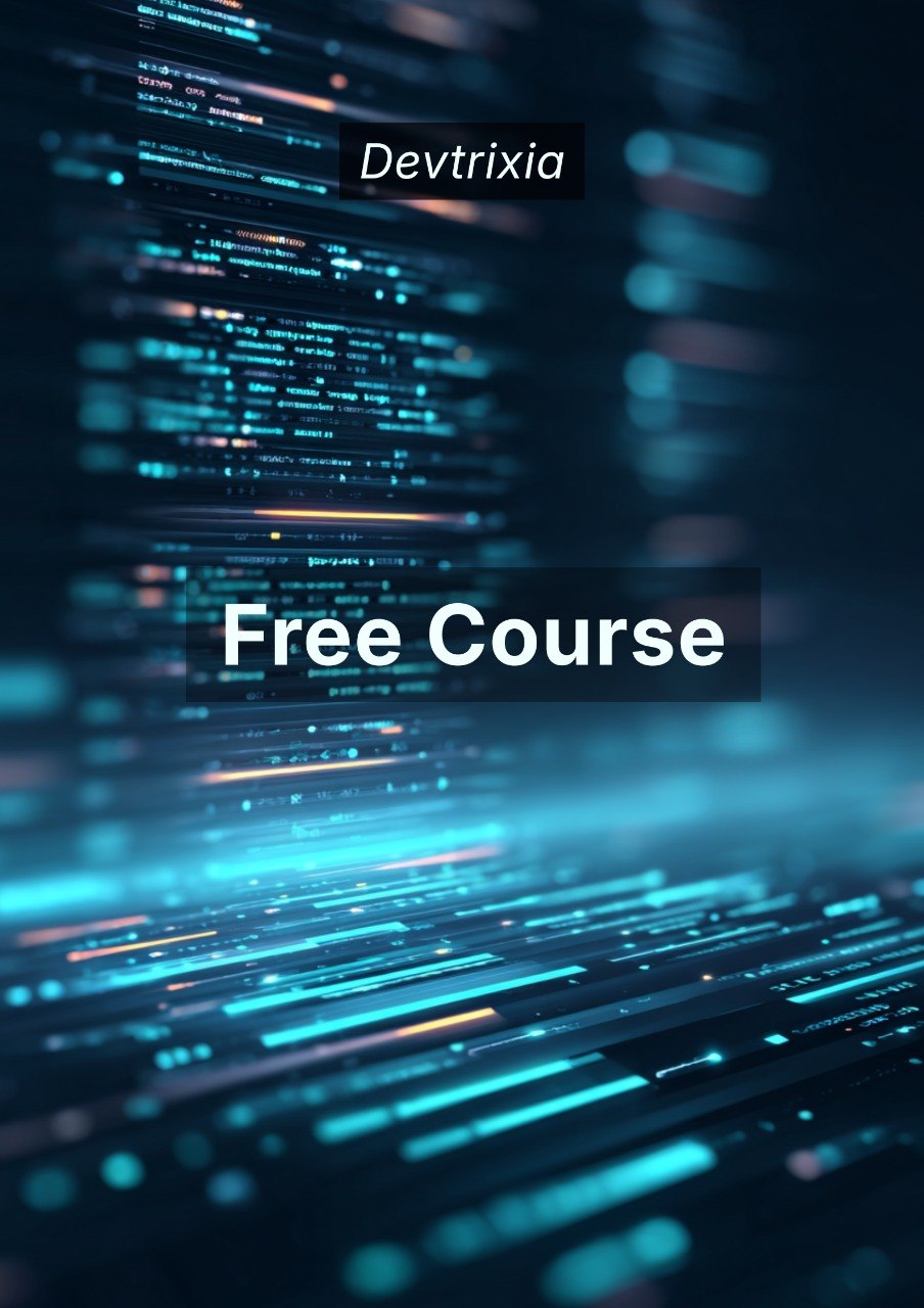 Free course advertisement with blurred code-like text background and 'Devtrixia' branding.