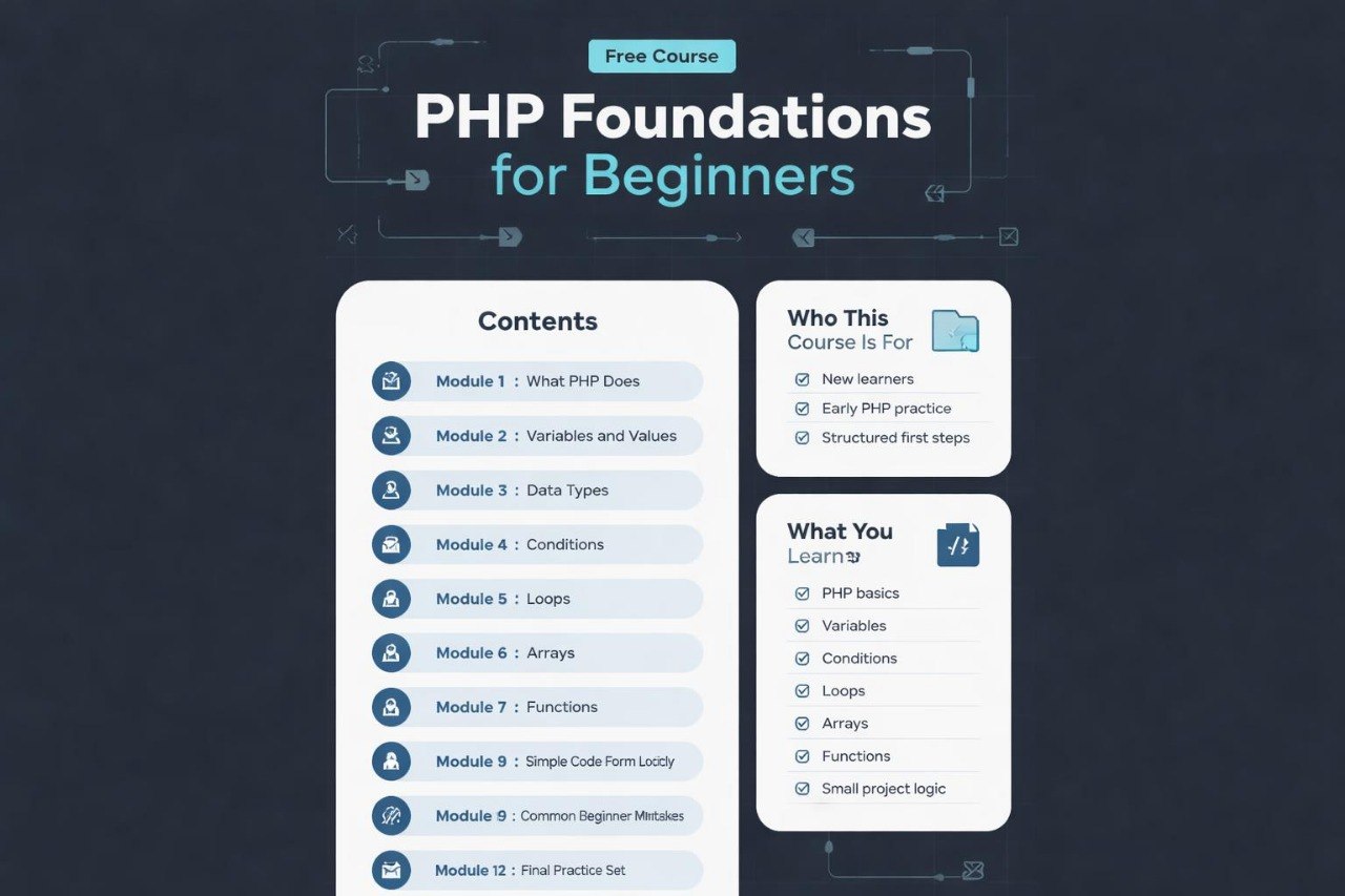 PHP Foundations for Beginners course outline on a dark background