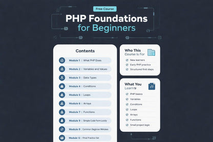 PHP Foundations for Beginners course outline on a dark background