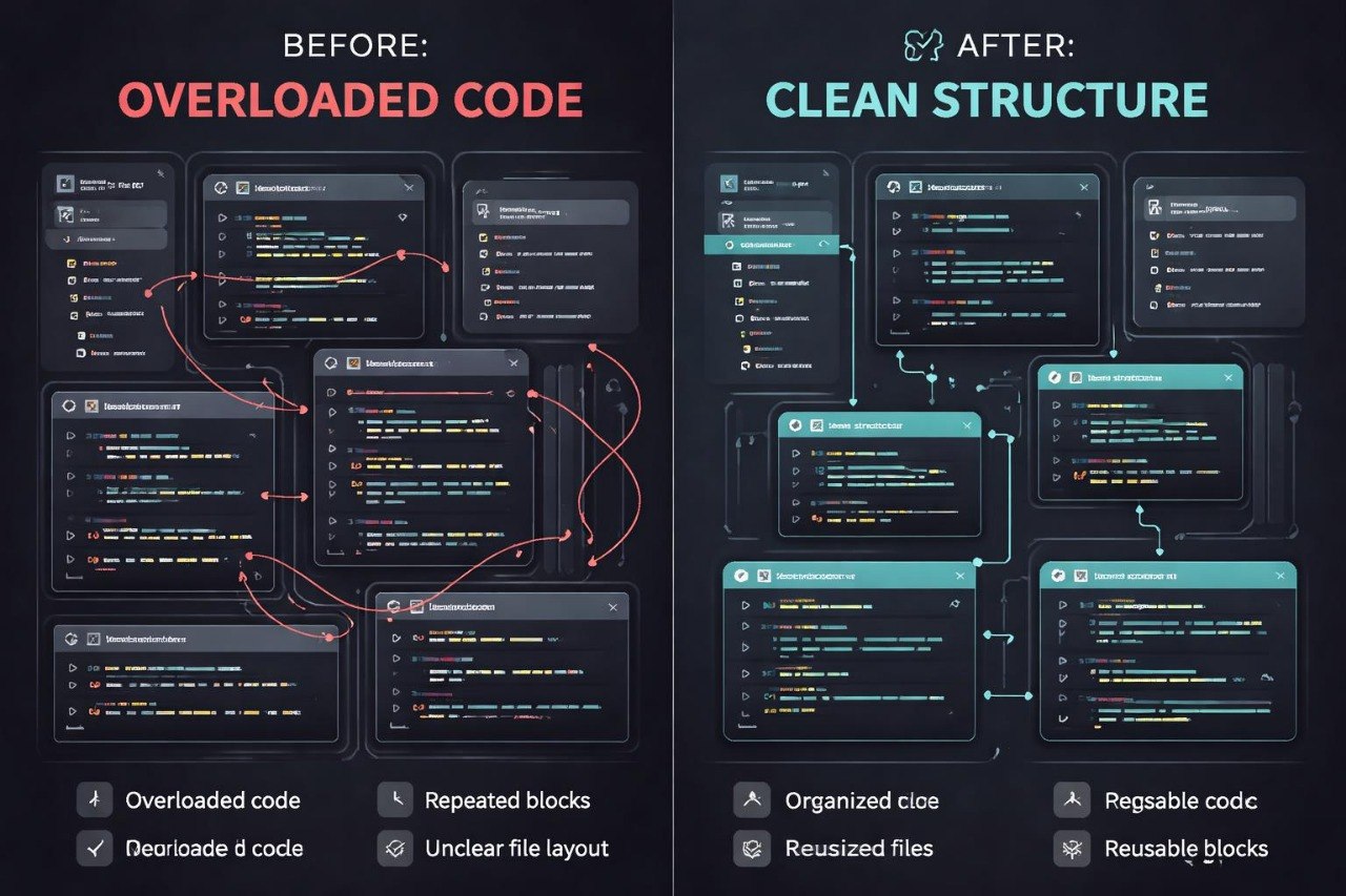 Comparison of overloaded code on the left and clean structure on the right with text labels.