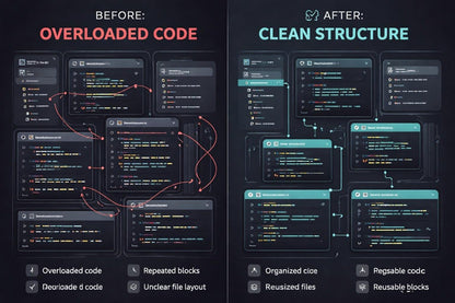 Comparison of overloaded code on the left and clean structure on the right with text labels.