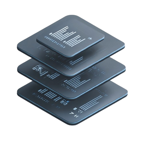 Stack of blue electronic devices with text on a white background