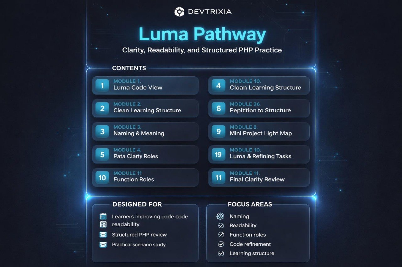 Luma Pathway course outline with Devtrixia branding on a dark background