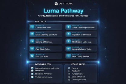 Luma Pathway course outline with Devtrixia branding on a dark background