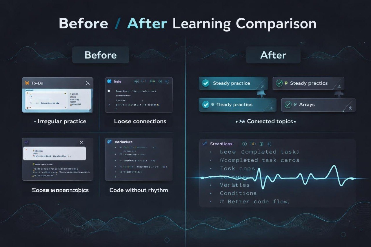 Before and After Learning Comparison chart with text and icons on a dark background