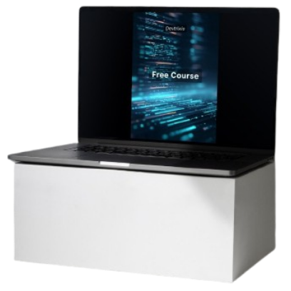 Laptop on a white stand with a digital display showing 'Free Course' text.