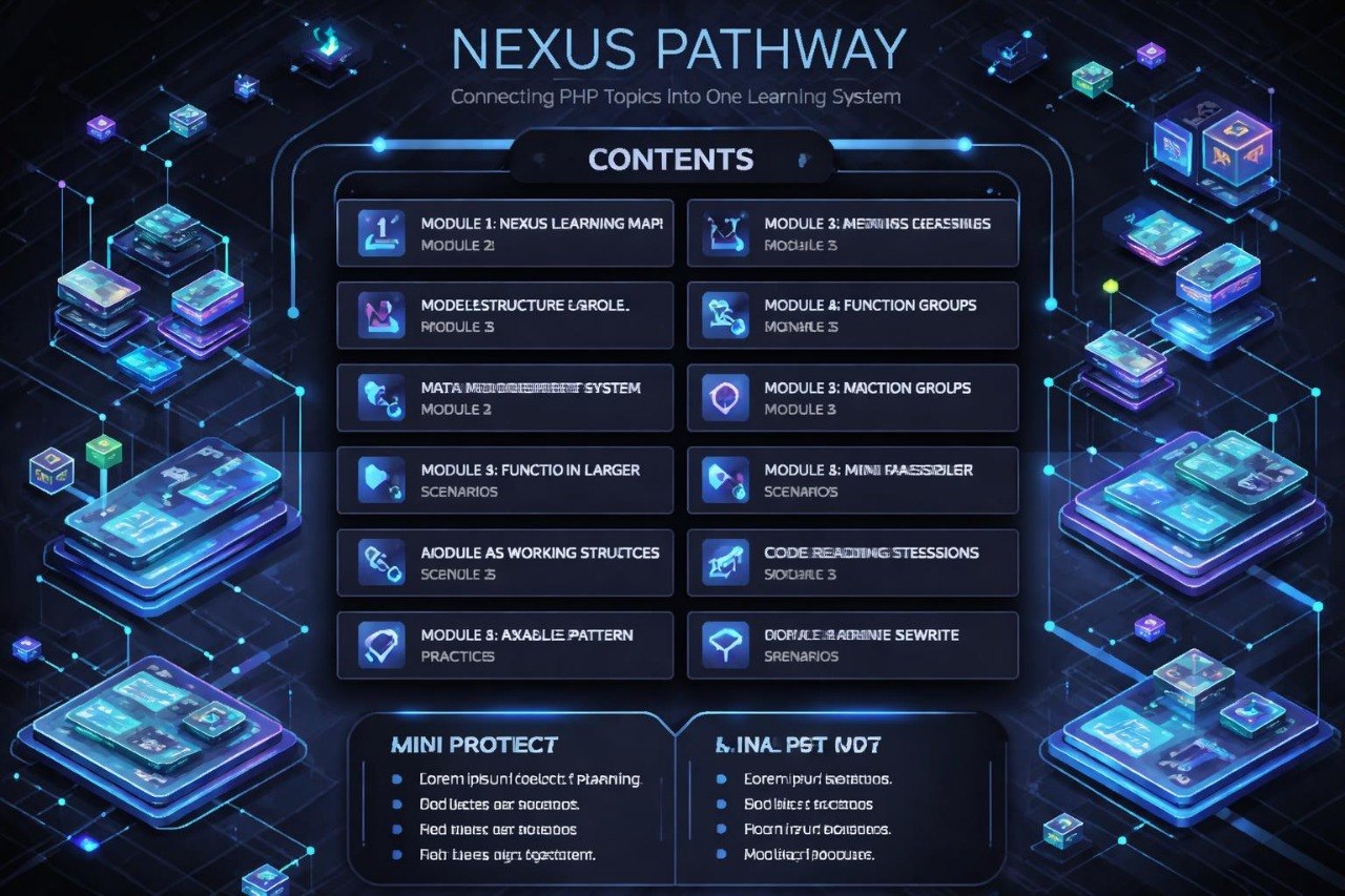 Nexus Pathway educational system layout with modules and topics on a dark background