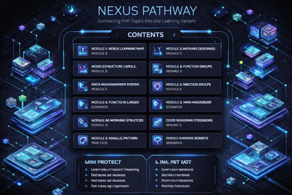 Nexus Pathway educational system layout with modules and topics on a dark background