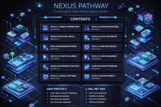 Nexus Pathway educational system layout with modules and topics on a dark background