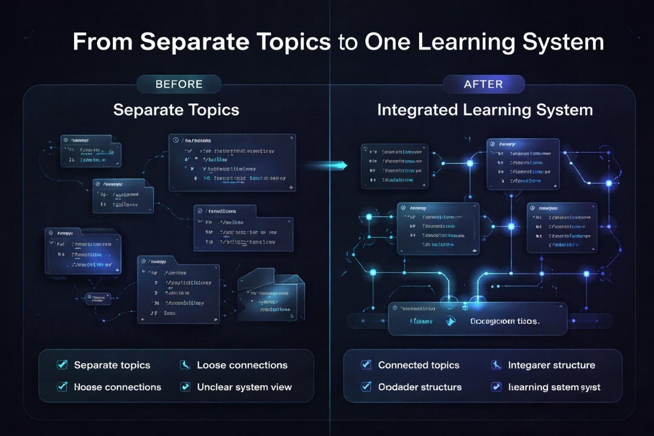 Diagram showing a transition from separate topics to an integrated learning system with visual elements and text.