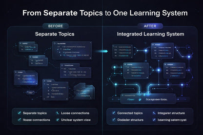 Diagram showing a transition from separate topics to an integrated learning system with visual elements and text.