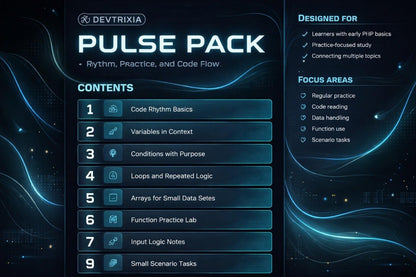 Devtrixia Pulse Pack product description with list of contents and focus areas on a dark background.