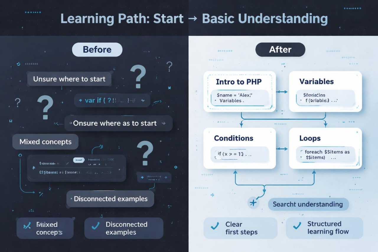 Before and after comparison of a learning path for PHP programming on a dark and light background respectively.