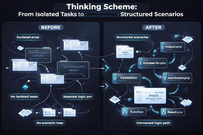 Diagram showing a transition from isolated tasks to structured scenarios with labeled components.